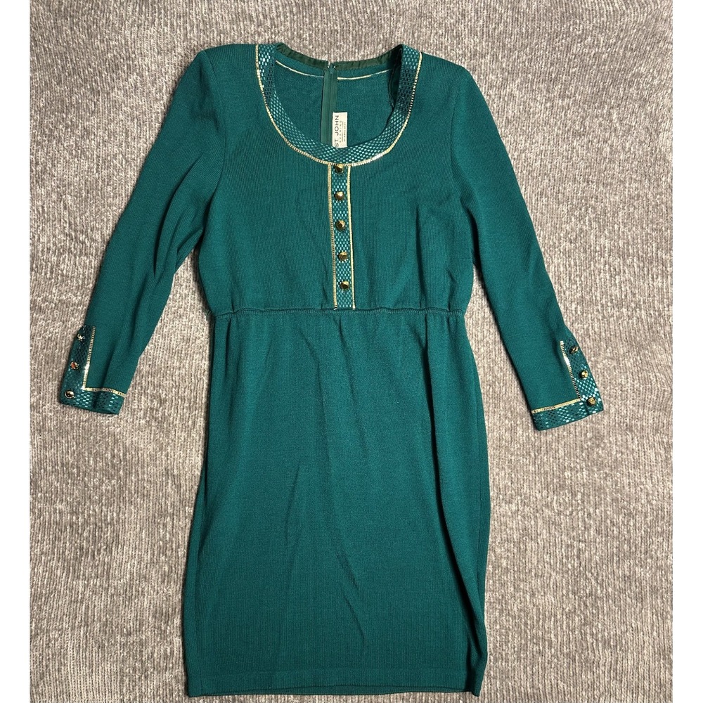 St John Marie Gray Teal Knit Dress Gold Trim Embellished Women's M